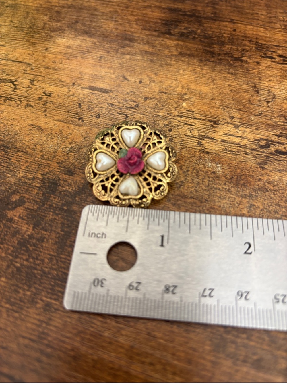 1928 Gold-Tone Filigree Brooch with Pink Rose and Cream Hearts
